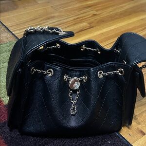 Black Quilted Shoulder Bucket Bag with Gold Chain Trim